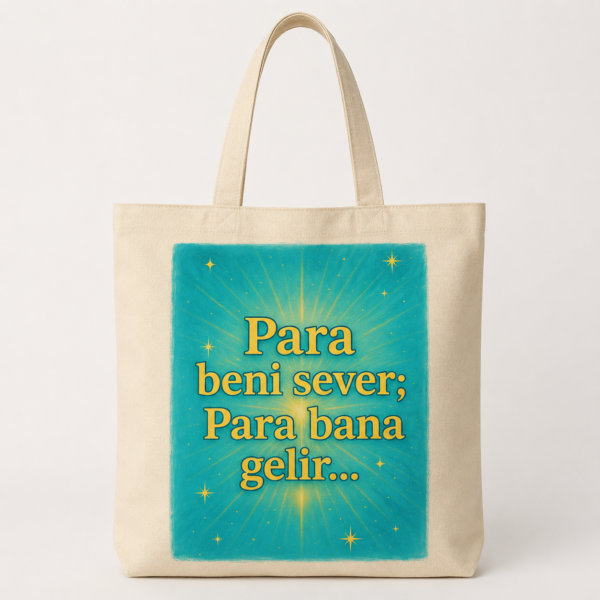 Para Beni Sever turkuaz tasarımlı bez çanta StudioMazart