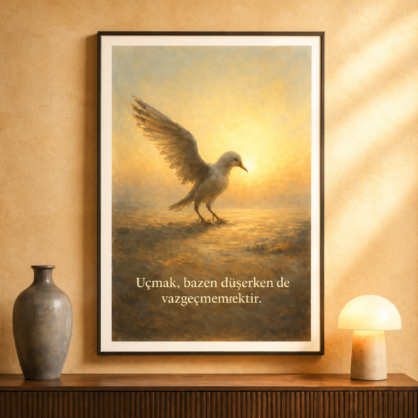 Vazgeçmemek posteri gün batımında kanatlarını açan kuş ve umut temalı StudioMazart tasarımı